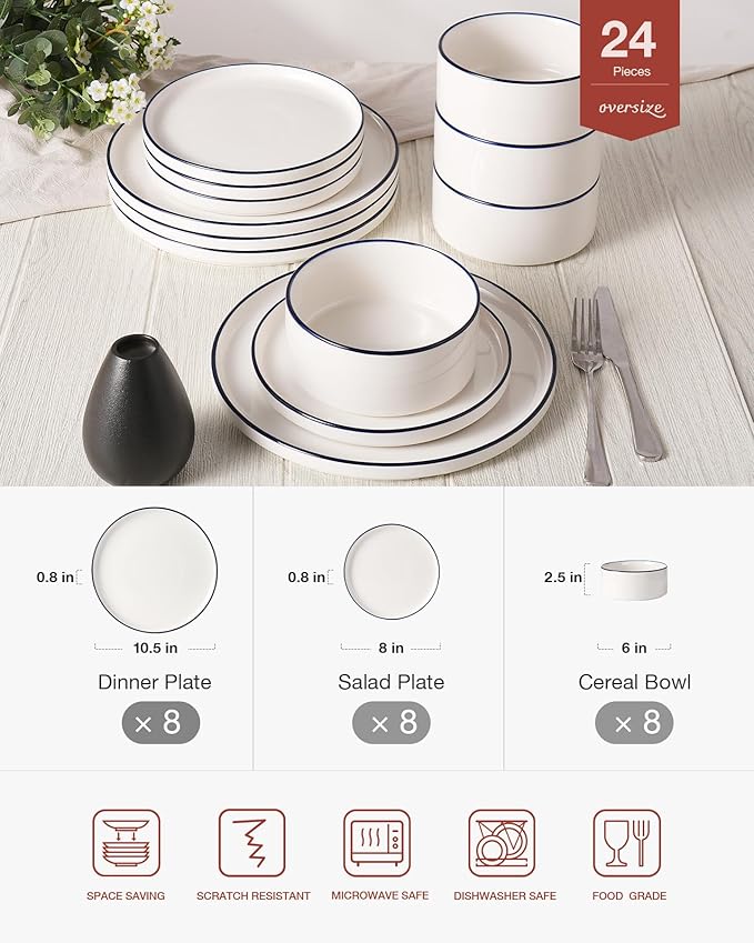Famiware Porcelain Dinnerware Set, 24-Piece Modern Plate and Bowl Set, dish set for 8, Microwave and Dishwasher Safe Tableware, White with Blue Trim