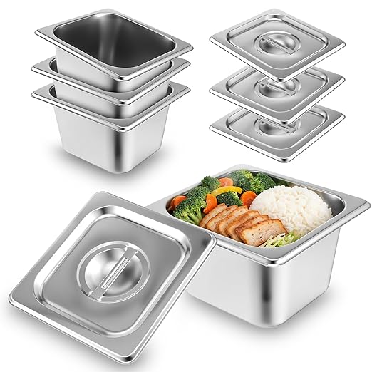 4 Pack Hotel Pans Stainless Steel 1/6 Size 4 Inch Deep Steam Table Pan with Lids, Stackable Commercial Anti-Jam Steam Pans Food Storage Containers for Home, Restaurant, Party, Hotel, Buffet
