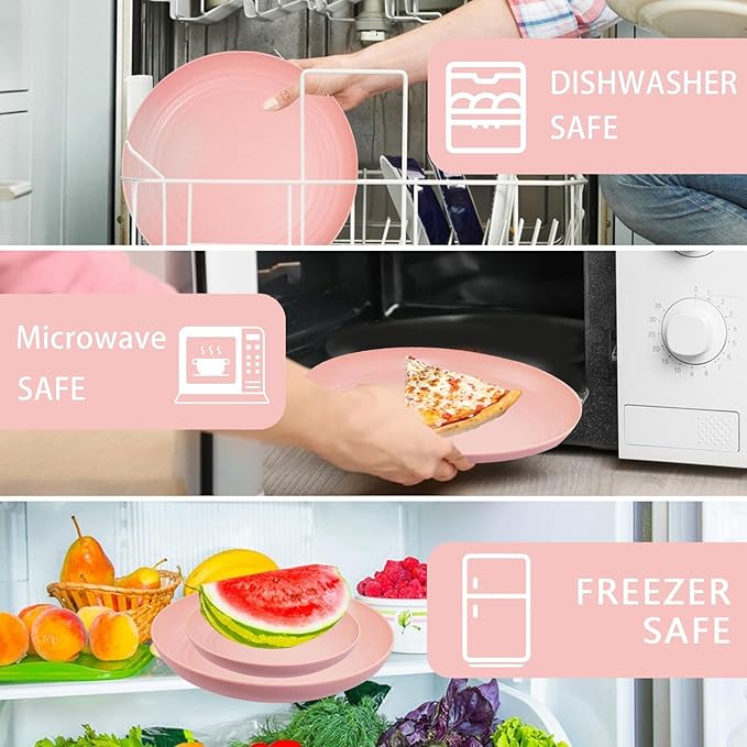 Supernal Pink Wheat Straw Dinnerware Sets,Unbreakable Dishes for 8, Plate and Bowls Sets, Reusable Plates, Microwave Dishwasher Safe Plates,Plastic Dinnerware Set, Pink Plastic Tableware