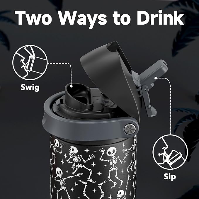 24 oz Halloween Insulated Water Bottle: Meoky Stainless Steel Water Bottle with 2-in-1 Straw Lid - Leak Proof, Cold for 24 Hours, Protective Silicone Base, Halloween Gifts for Women Men, Pop Skull
