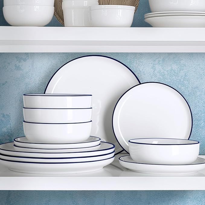 Zulay Kitchen Nova Porcelain Dinnerware Set, Service For 6 - Chip & Scratch Resistant White Plates And Bowls Sets - Microwave & Dishwasher Safe - White With Blue Rim
