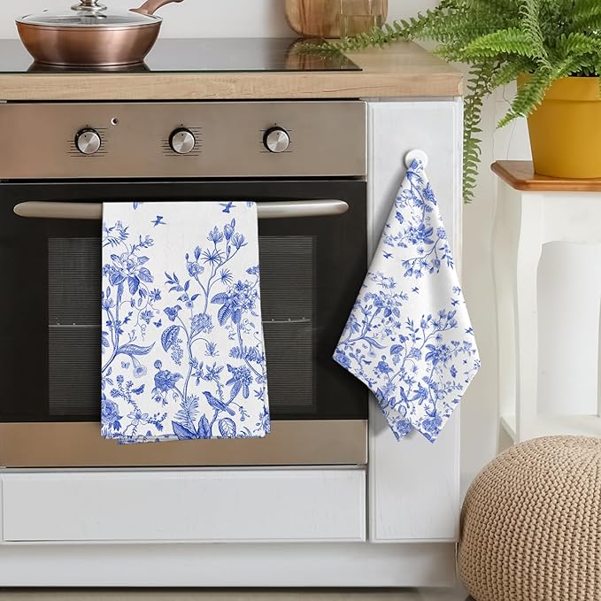 Chinoiserie Floral Kitchen Towels Decorative Set of 2, Soft Absorbent White Blue Flowers Bird Hand Tea Towels for Kitchen Farmhouse Holiday Home Decorations 16x24 Inch