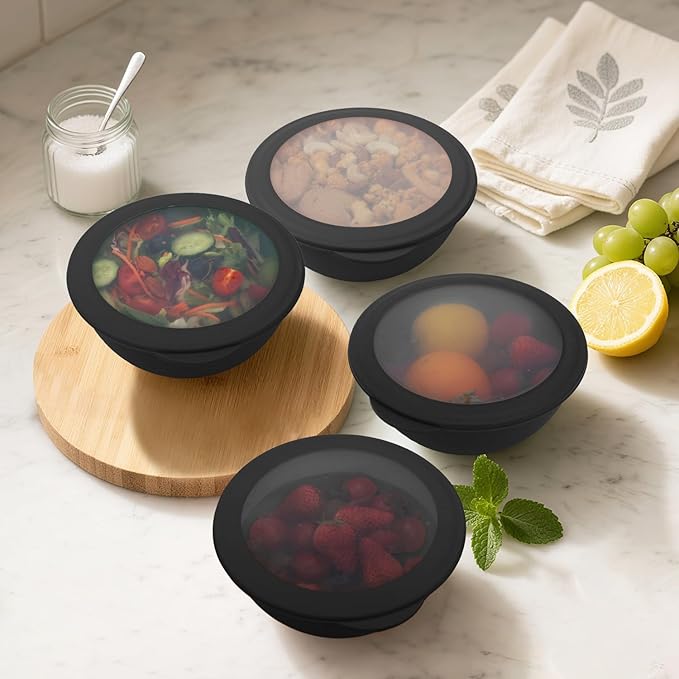 40 OZ Unbreakable Cereal Bowls with Lids, Wheat Straw Bowls Set of 4 with Unique Pattern, Reusable Plastic Bowl for Cereal, Soup, Salad and Ramen, Indoor & Outdoor Essentials, Black