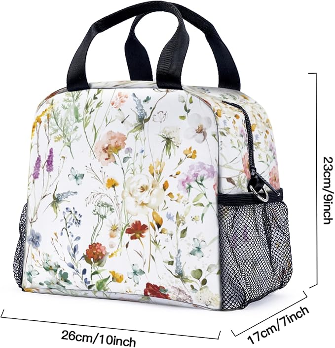 Wildflower Garden Flowers Floral Boho Watercolor Flower Lunch Bag for Women Men Cute Large Capacity Thermal Lunch Tote Reusable Washable with Adjustable Shoulder Strap and Dual Large Mesh Side Pockets