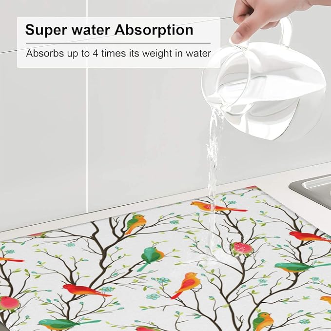 Birds on Tree Dish Drying Mat for Kitchen Counter Washable Absorbent Reversible Microfiber Cute Birds Drying Pad Kitchen Accessories 16x18 Inch