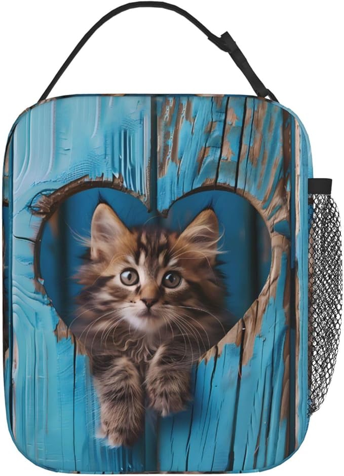 Cat Polyester Lunch Box for Kids Teen,Cute Reusable Thermal Lunch Bag for Adult Women,Heart Kitten Insulated Tote Cooler Bags for School,Work,Picnic,Travel,Blue Wooden Design