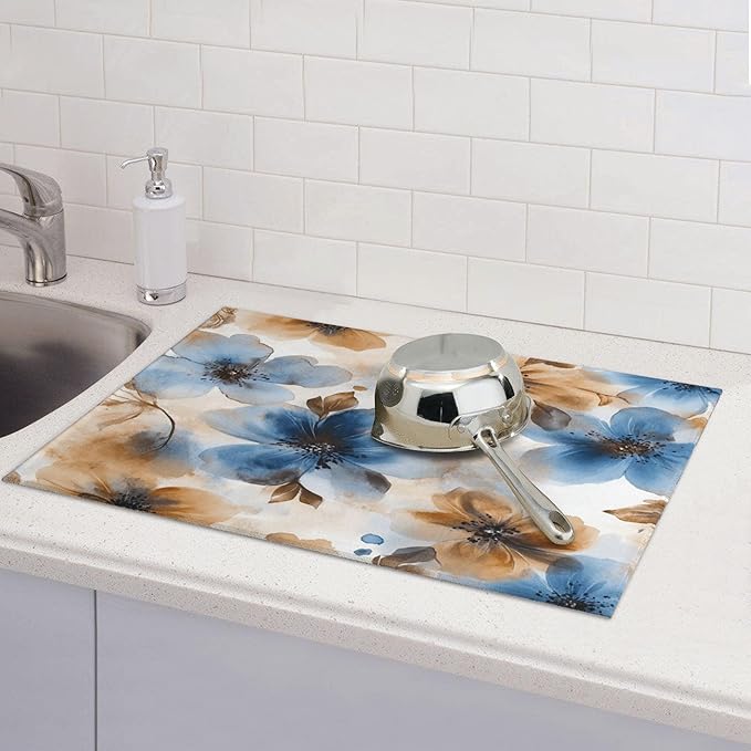 Watercolor Flowers Dish Drying Mat for Kitchen Counter Microfiber Super Absorbent Non-Slip Dish Drying Pad for Countertops Dishes Utensils Stylish Quick-Dry Machine Washable 18x24 Inch