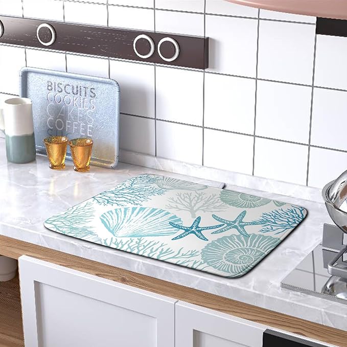 Summer Teal Dish Drying Mat for Kitchen Counter Nautical Coastal Blue Dishes Drainer Mats Turquoise Beach Coral Seashell Starfish Ocean Absorbent Microfiber Dish Draining Pad 18x24 Inch