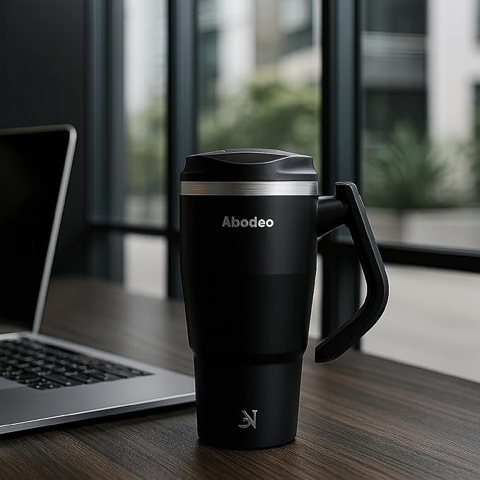 40 oz Insulated Coffee Tumbler, Stainless Steel Tumblers with Rotatable Handle, Straw & Leak Proof Lid | Travel Coffee Mug, Double Wall Insulation - Fits Most Car Cup Holders (Black)