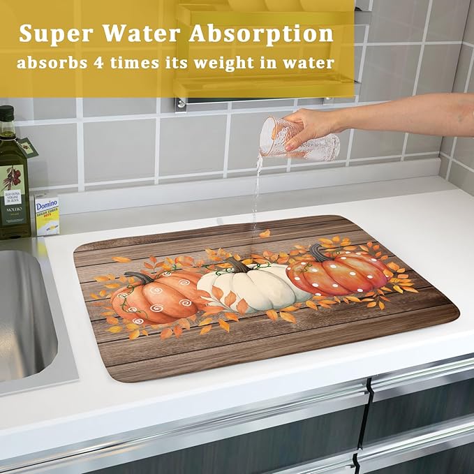 Autumn Pumpkin Dish Drying Mat Rustic Wood Dish Drainer Mats Fast Dry Microfiber Reversible Dish Drying Pad Kitchen Decoration 18x24 inch