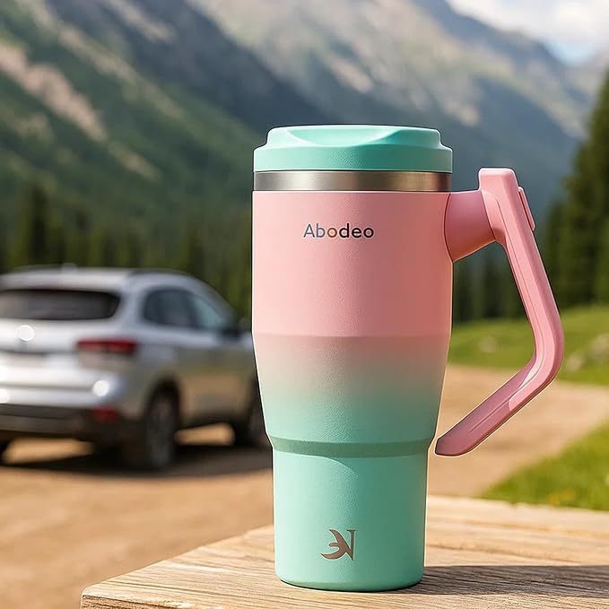Travel Coffee Tumbler 40 oz - Iced Coffee Mug with Straw and Leakproof Lid, Insulated Stainless Steel Tumbler with Rotatable Handle - Fits Most Car Cup Holders (Green & Pink)