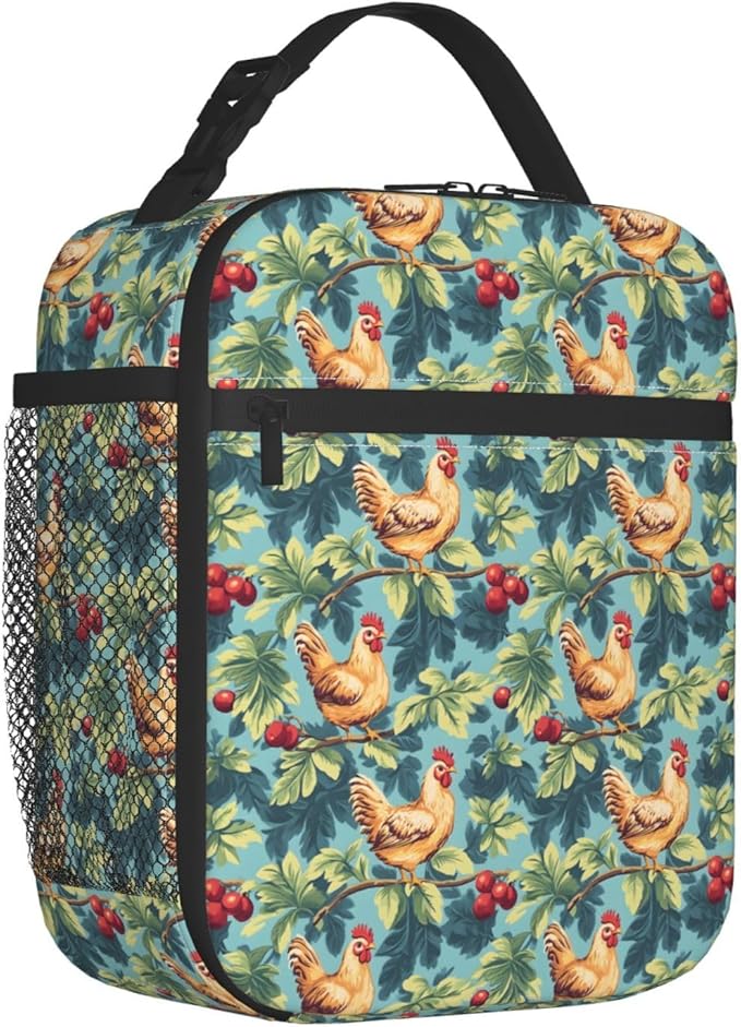Chicken Lunch Bag, Polyester Tote Bags with Vintage Hen and Berry, Country Cottage Style Insulated Lunchbox, Portable Lunchbag Decor Gifts for Work, Picnic, School, Travel, Beach or Fishing