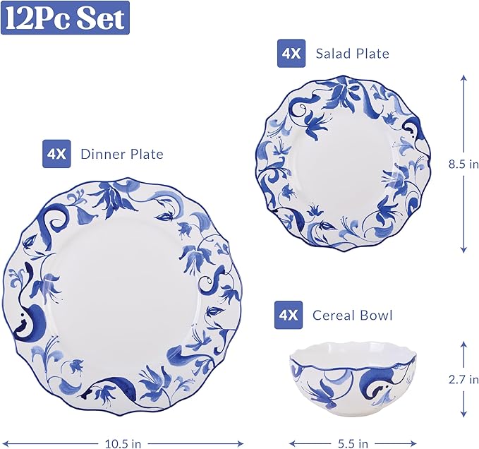 222 Fifth 12-Piece Porcelain Dinnerware Set for 4, Blue & White Plates and Bowls Set, Glossy Ceramic Dish Set with Beautiful Floral Rims, Elegant Kitchen Dishes, Microwave & Dishwasher Safe, Ayla