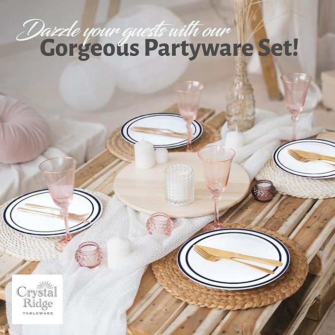 60 Pieces White Plastic Disposable Plates - Premium Heavy-Duty 30 Dinner Plates & 30 Salad Plates with Navy Rim Ideal for Party, Birthday and Special Events