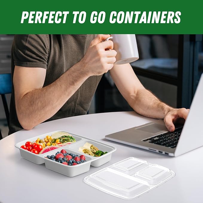 50 Pack (100-Piece) 32 oz Meal Prep Containers Reusable with Lids 3-Compartment, To Go Take Out Plastic Food Storage Containers, Sturdy Leakproof Food Safe, Microwave Freezer Dishwasher Safe, Silver