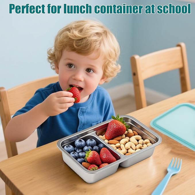 2Pcs Stainless Steel Snack Containers - Reusable Double Compartment Condiment Box with Lids for Kids Adults, Grab and Go Divided Snack Food Lunch Storage Containers Sauce Cups for School, Travel