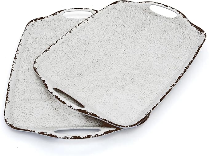 TP Serving Trays with Handles, 17 Inch Large Rectangular Melamine Serving Platter Set of 2, Rustic White