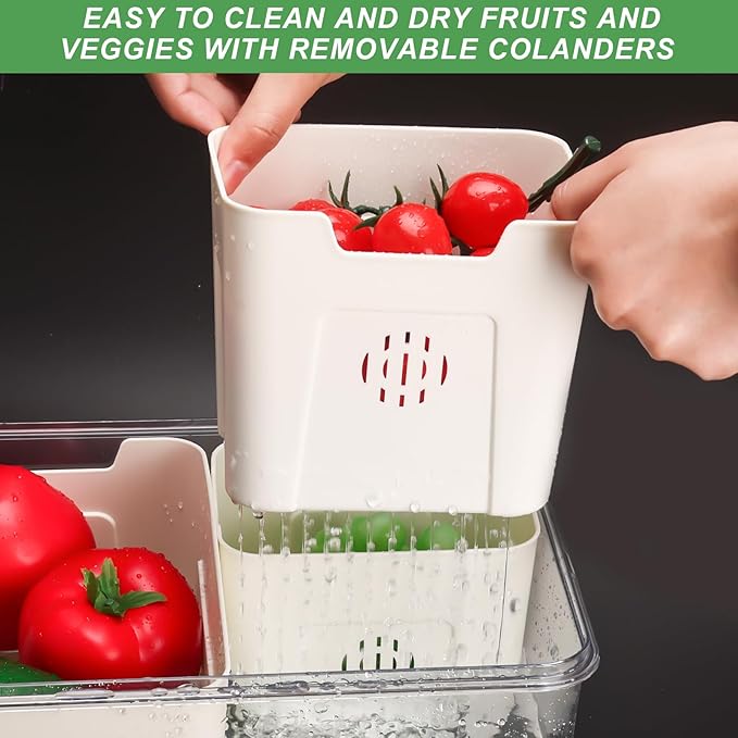 shopwithgreen Storage Containers for Fridge with Lid and Handle, Portable Food Box Container with 3 Removable Colanders, Fresh Produce Saver for Fruit, Vegetable, Refrigerator, Kitchen, Home, Picnic