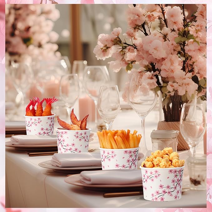 50 Pack Cherry Blossom Ice Cream Cups 9 oz Cherry Blossom Disposable Dessert Bowls Pink Floral Paper Soup Bowl Sakura Snack Cup Wedding Baby Shower Birthday Party Supplies for Hot Cold Food
