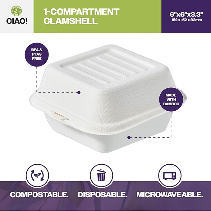 CIAO! 6"x6"x3" Clamshell 1 Compartment 100% Compostable Ecofriendly PFAS Free Unbleached Bagasse Natural White (500/case)