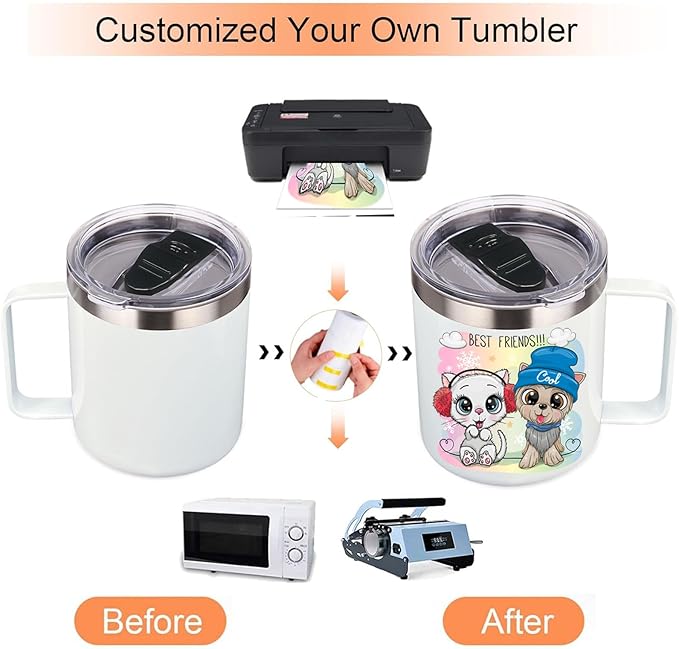 Volhoply 14oz sublimation Insulated Stainless Steel Coffee Mug with Lid Bulk 8 Pack,Double Wall Vacuum Travel Coffee Cup with Handle,Reusable Metal Cups Tumbler,Camping Mugs(Sublimation,8)