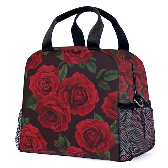 Red Rose Black Background Lunch Bag for Women Men Cute Large Capacity Thermal Lunch Tote Reusable Washable with Adjustable Shoulder Strap and Dual Large Mesh Side Pockets