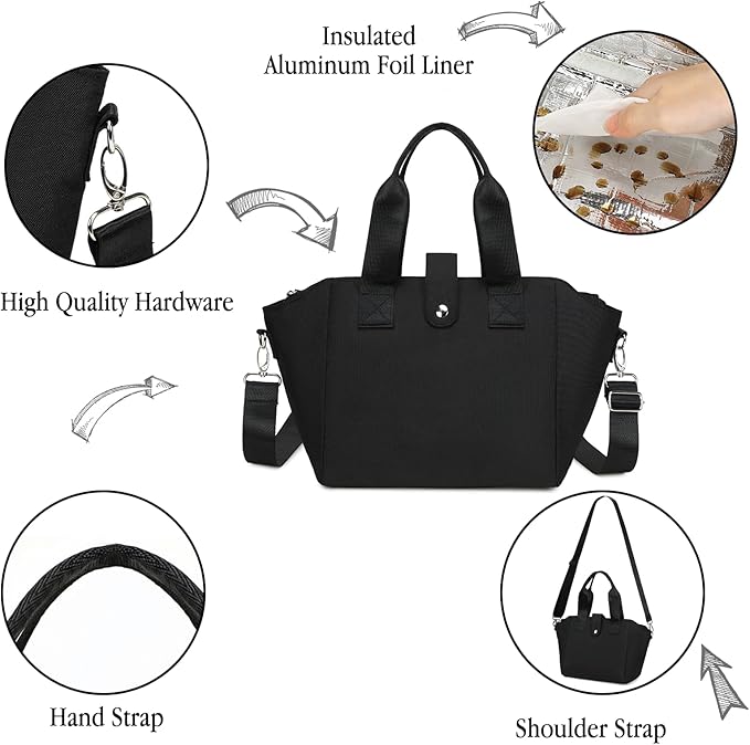 CAMTOP Lunch Box for Women Insulated Lunch Bag Lunchbox Cooler Thermal Leakproof Quilted Reusable Lunch Tote Bag for Work School Travel Picnic (Z-Black)