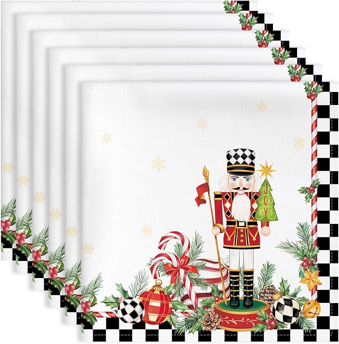 Christmas Nutcracker Napkins, 18×18 Inch Dinner Cloth Napkins Set of 6, Washable Cotton Soft Absorbent Square Table Top Decoration for Dining Kitchen Party Wedding