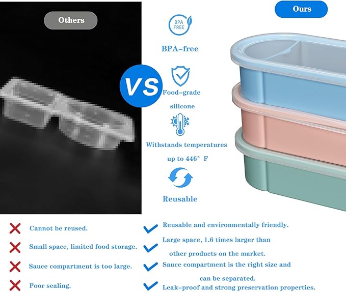 3 Pack Reusable Silicone Snack Containers with Lids, Salad Sauce Seasoning Container, Detachable design Mini Kids Snack Concainers for Travel, Office, Picnic