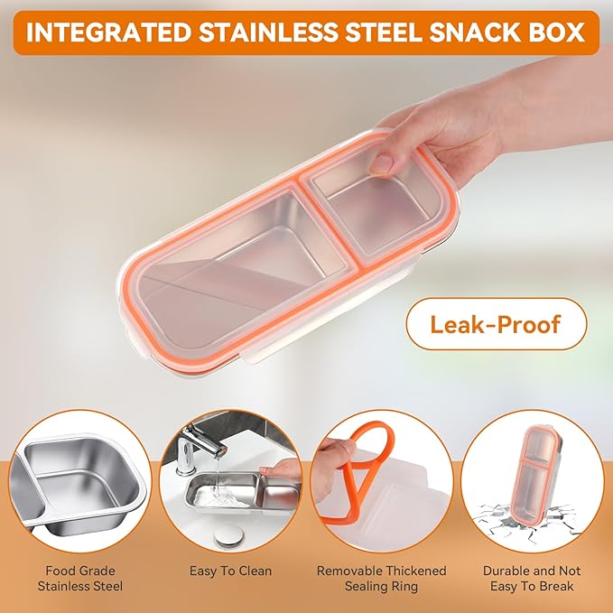Stainless Steel Snack Containers with Lids & Spork, Reusable 2 Compartment Condiment Boxes, Divided Grab Food Storage Containers, Sauce Cups for Home, Travel (2 Compartments)
