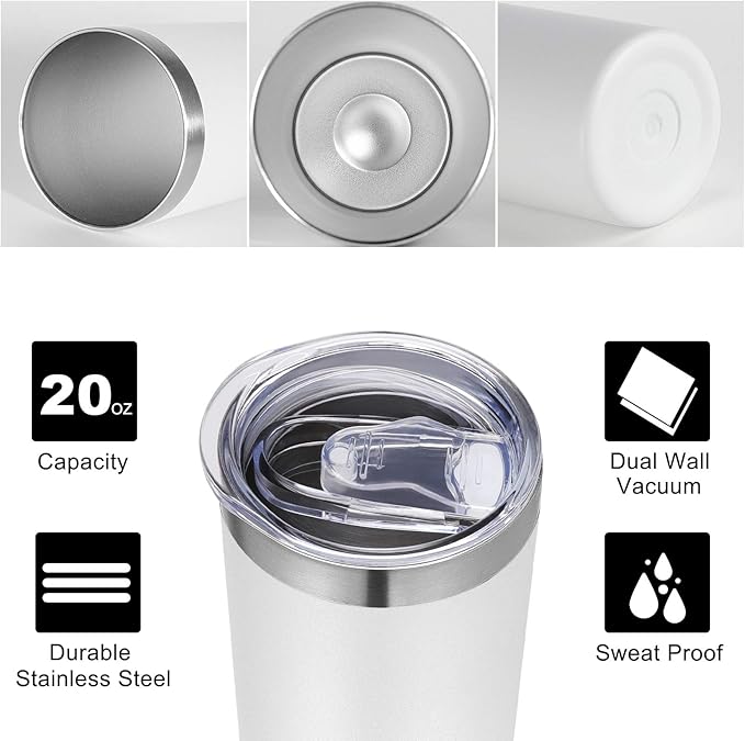 VEGOND Stainless Steel Tumblers Bulk 6 Pack, 20 oz Vacuum Insulated Skinny Tumblers with Lid and Straw, Double Wall Coffee Mug, Travel Water Cup, White