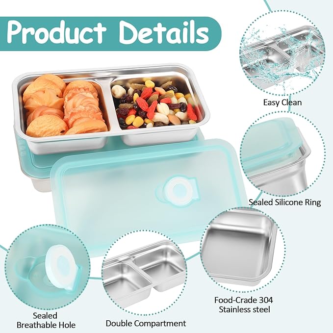 Stainless Steel Snack Containers Reusable - 2 Pack Grab and Go Snack Containers with Lids, 2 Compartment Snack Condiment Containers for Travel, Camping