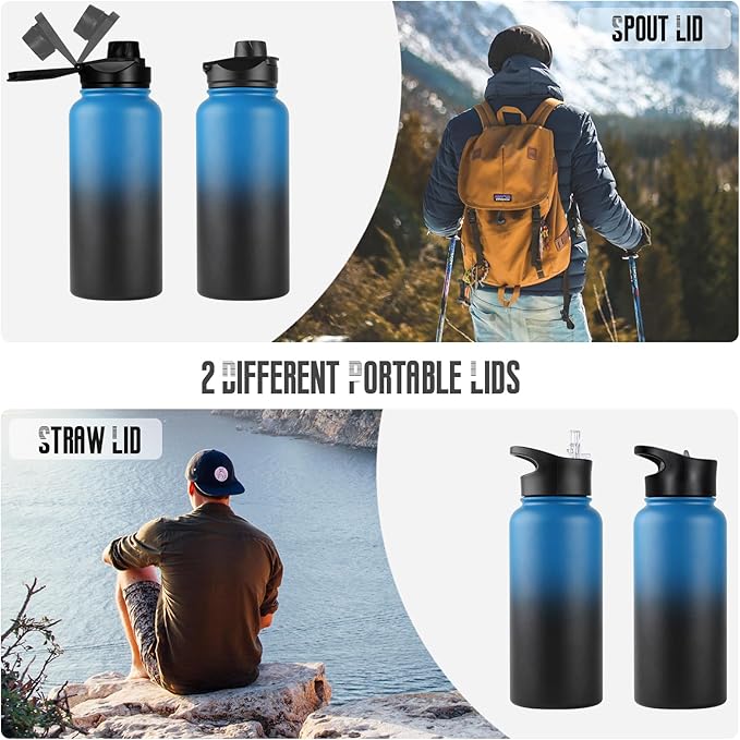 32 Oz Insulated Water Bottle Bulk 8 Pack, Stainless Steel Sports Water Bottles with Straw Lid & Wide Mouth Lids, Double Walled Vacuum, Leak Proof, Blue Black Gradient