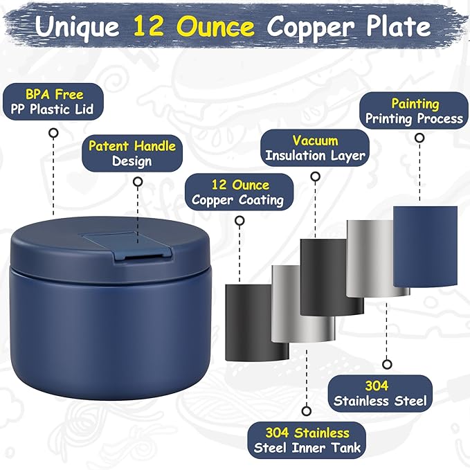 12oz Insulated Vacuum Food Jar with Buckle Lid Wide Mouth Soup Thermo for Hot Food Kids Leakproof Stainless Steel Lunch Container- Blue 1 Pack