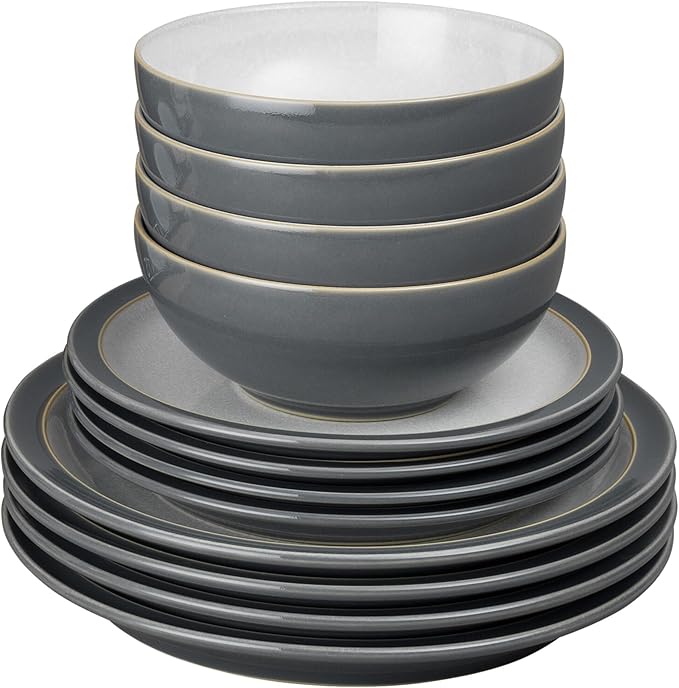 Denby - Elements Fossil Grey Dinner Set For 4-12 Piece Simple Ceramic Stoneware Tableware Set - Dishwasher Microwave Oven Safe - Scratch Chip Resistant