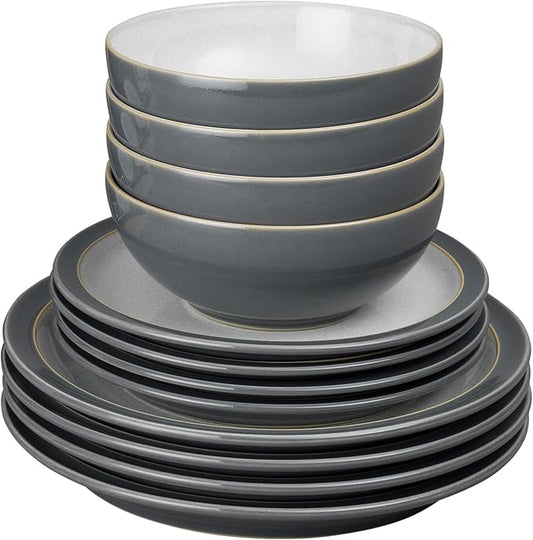 Denby - Elements Fossil Grey Dinner Set For 4-12 Piece Simple Ceramic Stoneware Tableware Set - Dishwasher Microwave Oven Safe - Scratch Chip Resistant