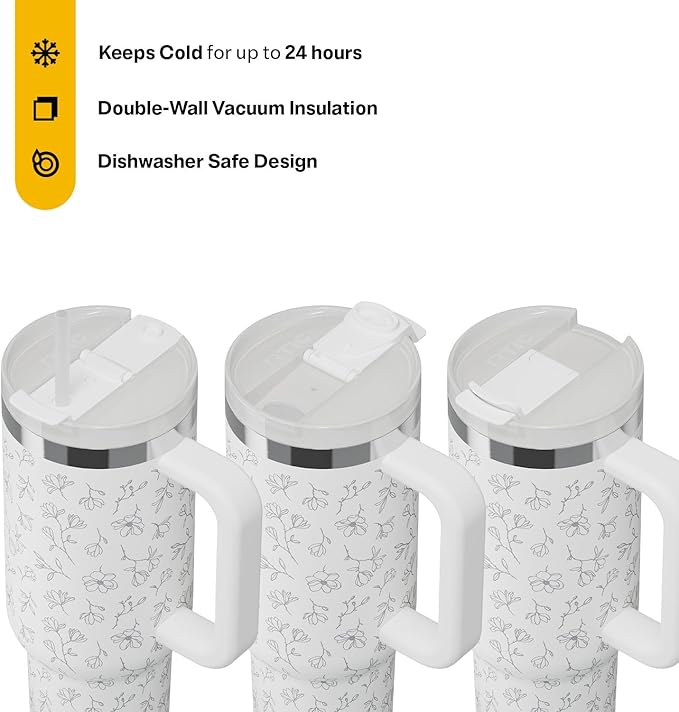 RTIC 40 oz Road Trip Tumbler Double-Walled Cermaic Lined Insulated Stainless Steel Portable Travel Coffee Mug Cup with Lid, Handle and Straw, White Magnolias