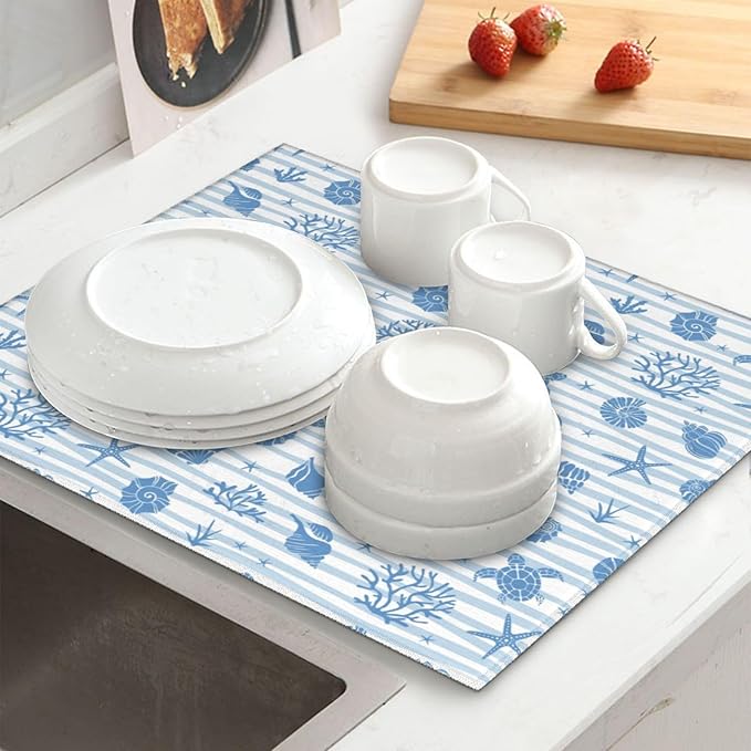 Beach Coastal Kitchen Dish Drying Mat for Counter, Ocean Sea Dish Draining Mat Microfiber Absorbent Reusable Washable Extra Large 18"x24" (beach, 18"x24")