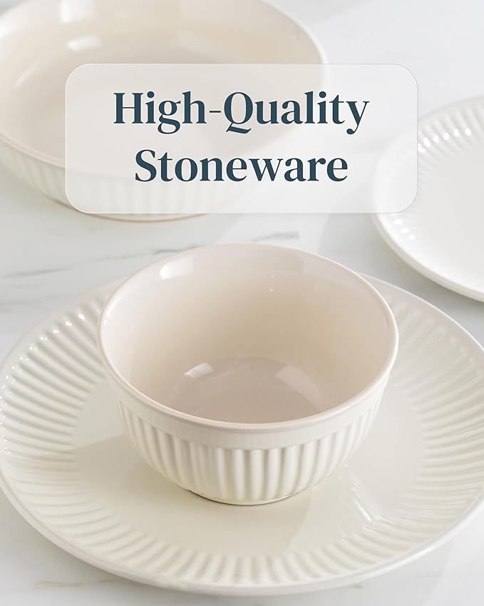 Stoneware Dinnerware Set for 8 People HYGGE 32-Piece - Elegant Scandi Design - Premium Dish Set - Bowl and Plate Set - Tableware for 8 People in a Ribbed Design - Pure Living in Beige