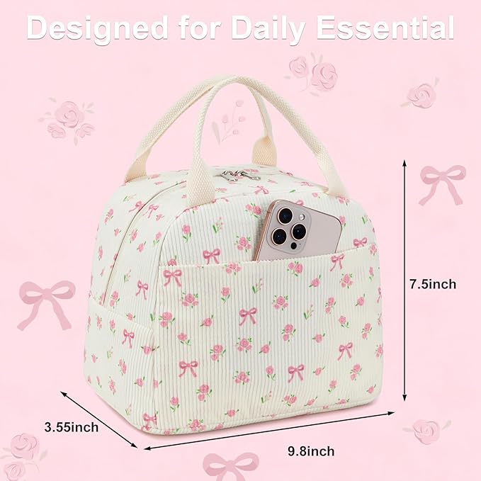 BTOOP Lunch Box for Women Men Cute Corduroy Lunch Bags Large Capacity Insulated Lunch Tote Bag For Work Travel Or Picnic (Pink Bow Floral)