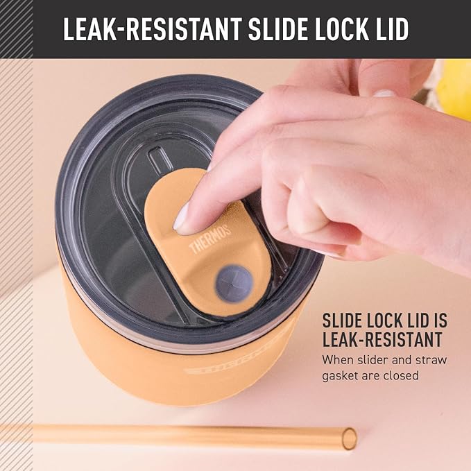 THERMOS Stainless Steel Cup Holder Mug - 40 Ounce, Melon - Insulated Tumbler with Lid and Straw, Plus Leak-Resistant Slide Lock