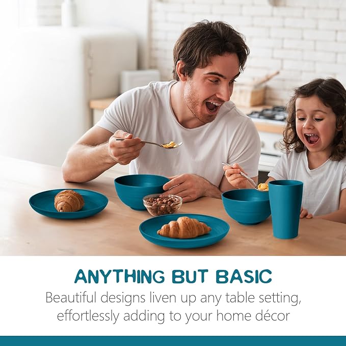 Teivio 32-Piece Kitchen Plastic Wheat Straw Dinnerware Set, Service for 8, Dinner Plates, Dessert Plate, Cereal Bowls, Cups, Unbreakable Colorful Plastic Outdoor Camping Dishes, Dark Blue