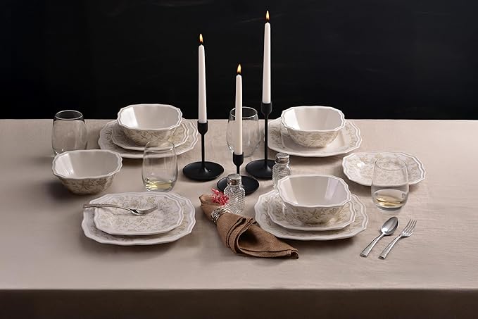222 Fifth 12-Piece Porcelain Dinnerware Set for 4, Glossy Cream Plates and Bowls Set with Taupe Flowers, Elegant Square Ceramic Dish Set, Kitchen Tableware, Microwave & Dishwasher Safe, Batik Toile