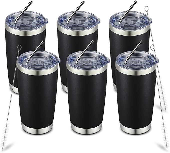 COMOOO 20oz Black Tumbler Double Wall Vacuum Insulated Coffee Travel Mug Stainless Steel Tumbler with Lid and Straw Coffee Cup for Cold Drinks & Hot Beverage, Home and Outdoor (Black, 6 Pack)