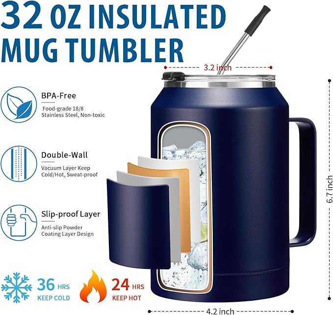 32 oz Mug Tumbler with Handle and Straw - Large Stainless Steel Coffee Cup with 2-in-1 Lid, Insulated Water Bottle Flask Jug, Metal Thermal Cup Keep Cold 36 hrs, Leakproof Proof BPA-Free