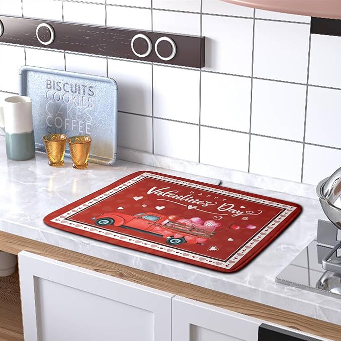 Valentine Red Truck Love Heart Dish Drying Mat 16x18 Inch Happy Valentine's Day Drying Mat for Kitchen Counter Microfiber Dish Drainer Mats Absorbent Dish Rack Pad for Home Coffee Bar Sinks