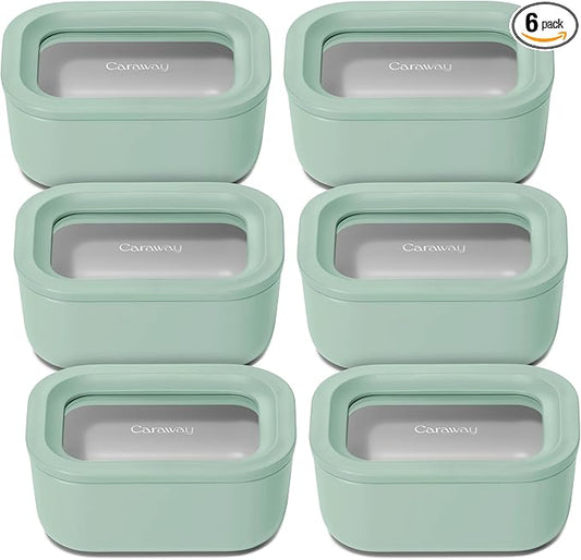 Caraway 6pc Glass Food Storage Set - 2.6 Cup Storage Containers For Food (6) - Non-Toxic Ceramic-Coated Glass - Air Release Technology - Compact & Stackable Design - Mist