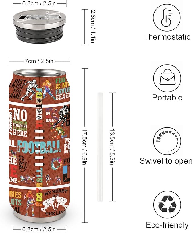 Football Tumbler Cup With Lid - Travel Mug, Birthday Gift for Football Lovers - Stainless Steel Vacuum Coffee Cup for Women Men, 17 Oz