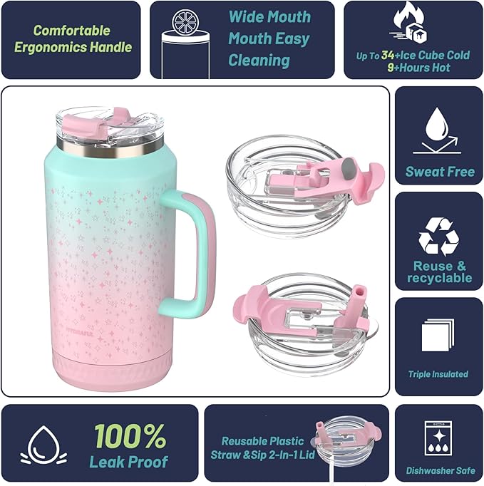 Hydraful 64 oz Tumbler with Handle and Straw - 100% Leak-Proof - Insulated Cup Reusable Stainless Steel Large Water Bottle Travel Mug for Gym, Hiking, and Camping - Gifts for Women Men Him Her