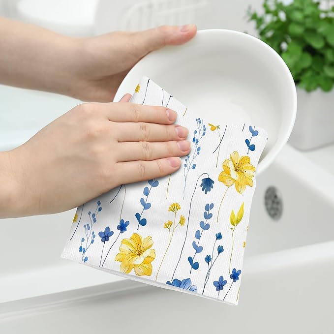 Blue Yellow Flower Kitchen Dish Towels Set of 2, Soft Absorbent Watercolor Floral Hand Towels Tea Towels for Kitchen Spring Summer Home Decor,Housewarming Gifts for New Home Women, 16x24 inch